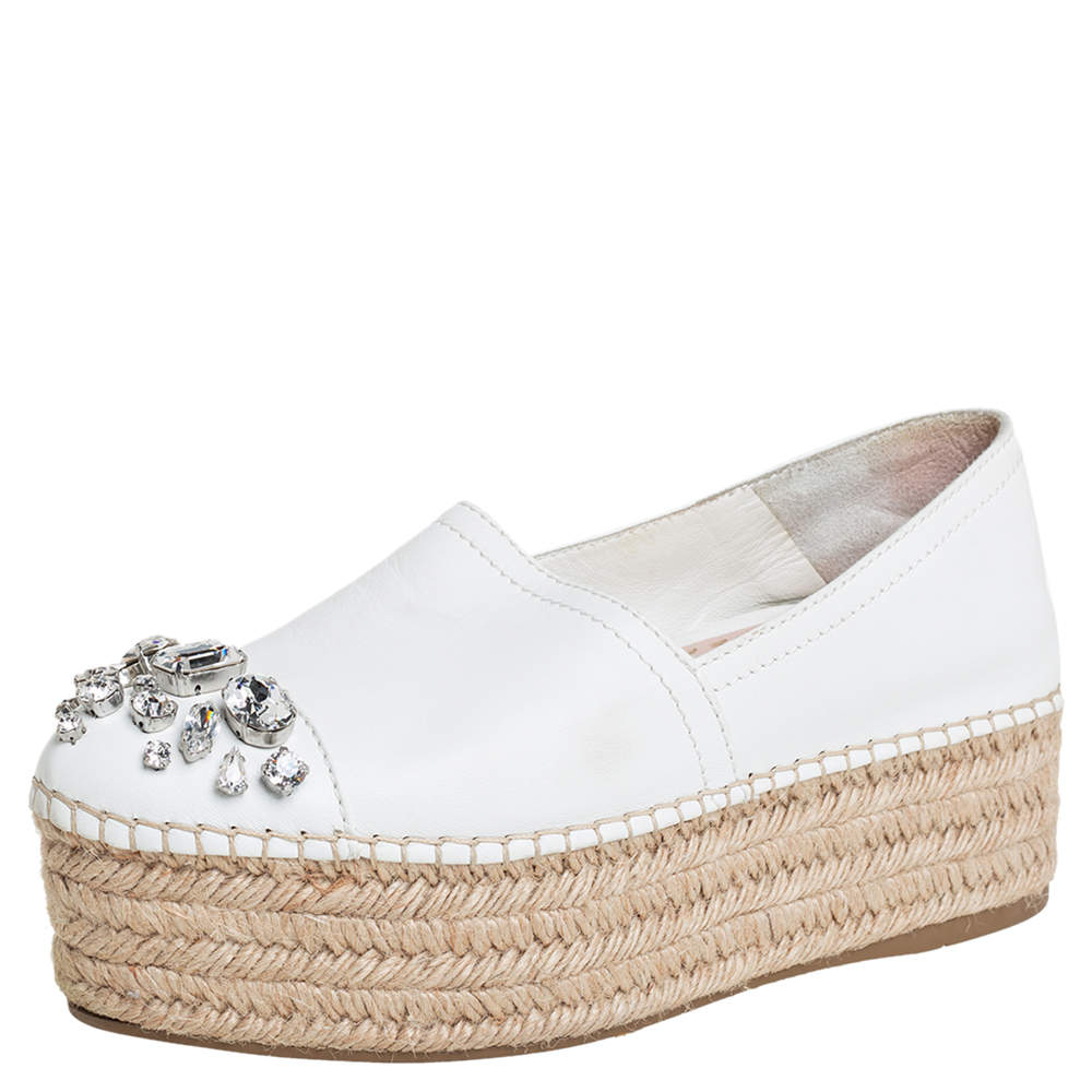 Pre Owned Miu Miu Off White Leather Crystal Embellished Espadrilles Size 36