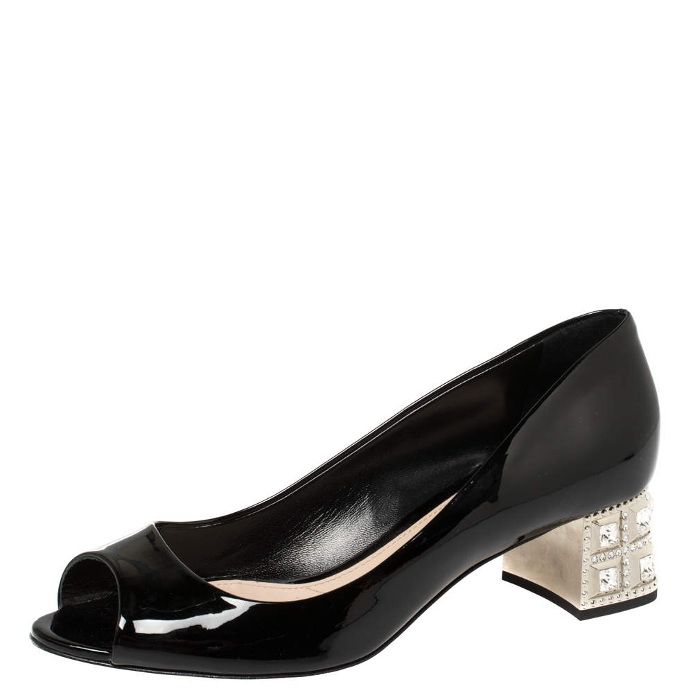 Pre Owned Miu Miu Black Patent Leather Crystal Embellished Heel Peep Toe Pumps 37.5