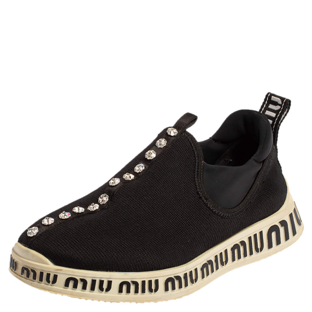 Pre Owned Miu Miu Black Stretch Knit Crystal Embellished Run Sneakers Size 36.5