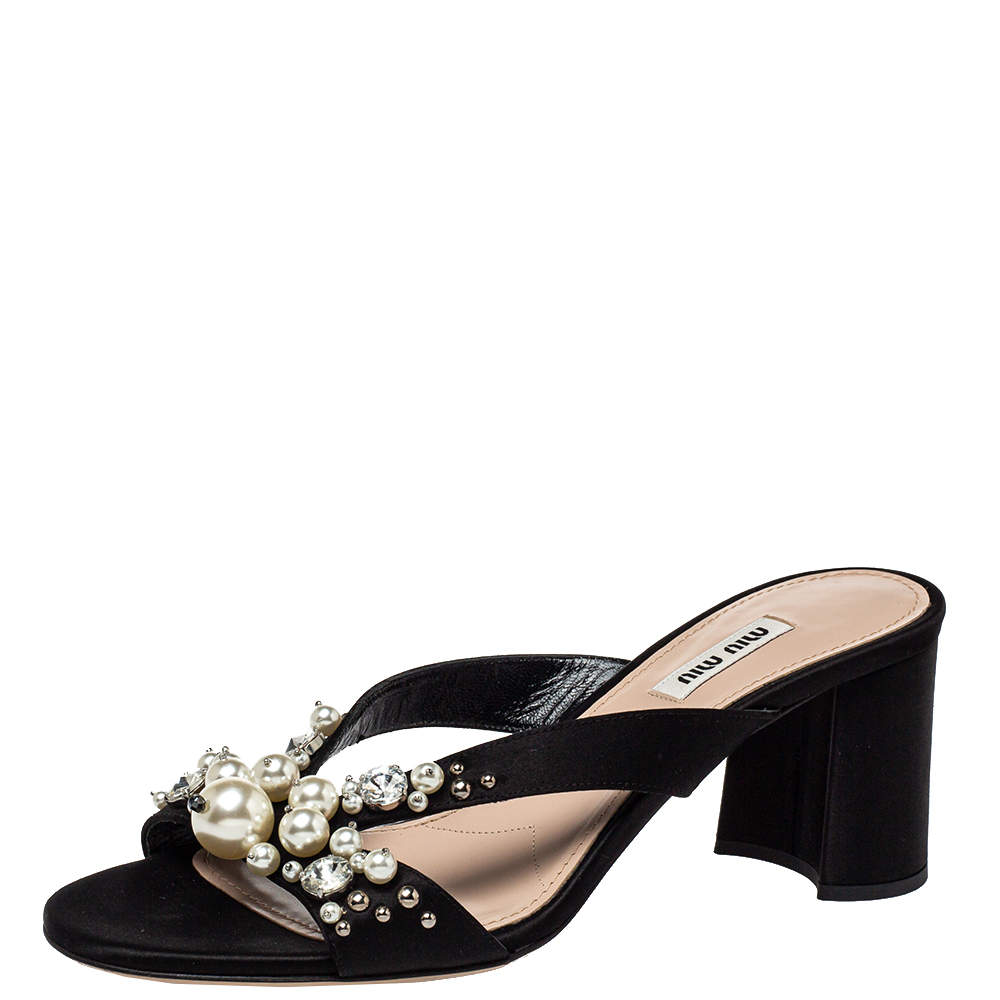Miu Miu Black Satin Crystal And Pearl Embellished Slide Sandals Size 39
