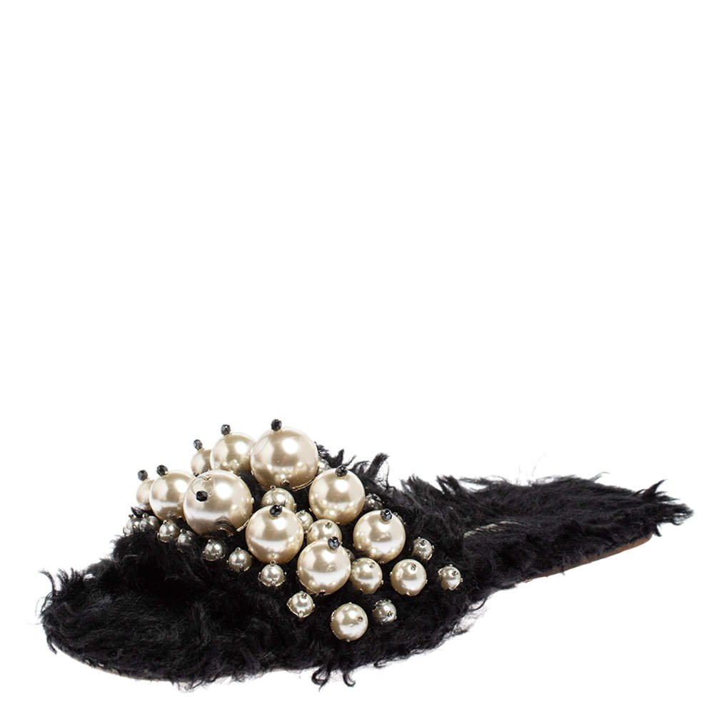Miu Miu Black Fur Pearl Embellished Flat Sandals Size 39