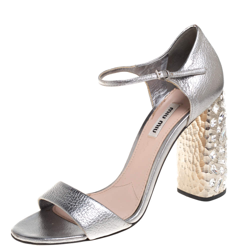 Miu Miu Silver Leather Crystal Embellished Heel Ankle Strap Sandals Size 39