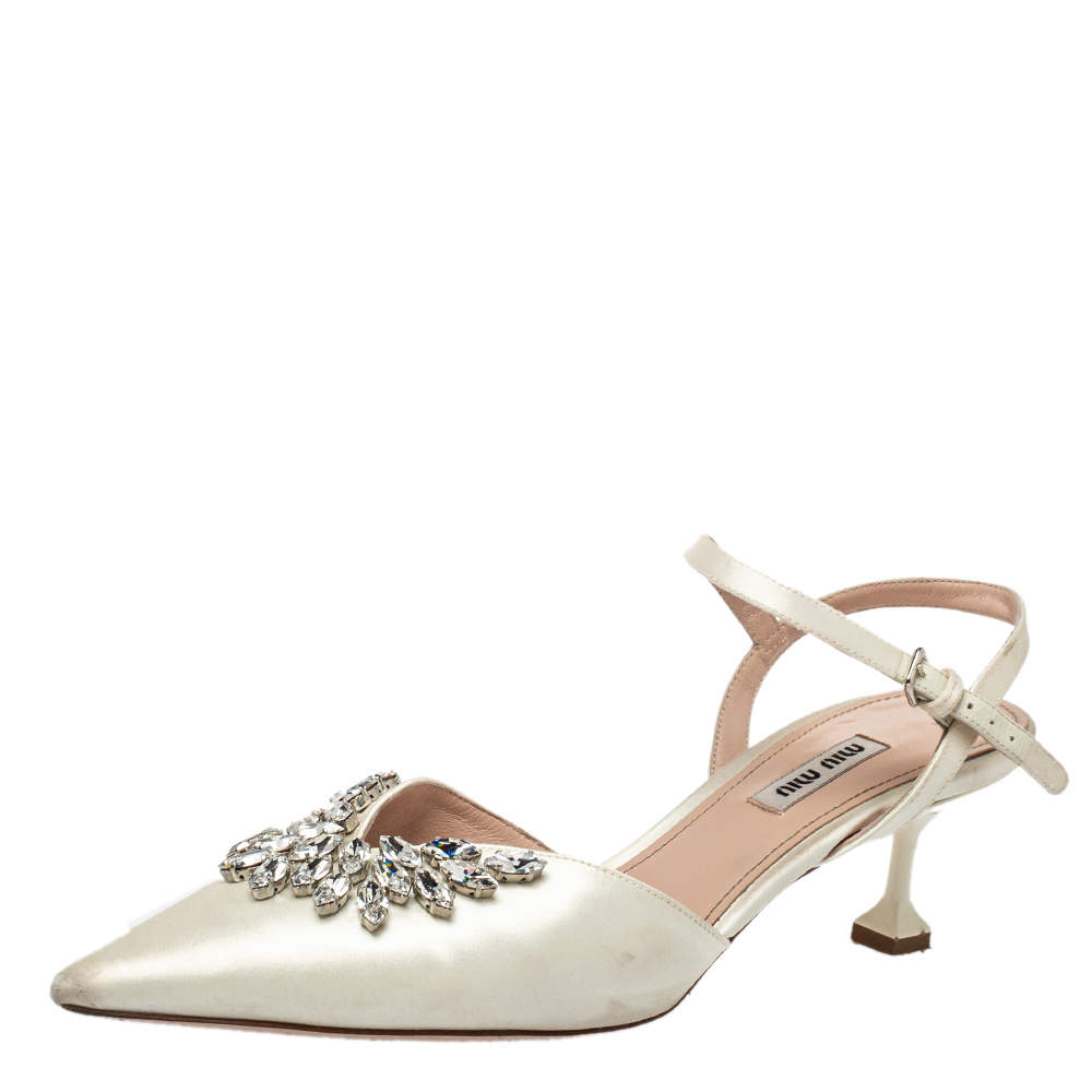 Miu Miu White Satin Crystal Embellished Sandals Size 40