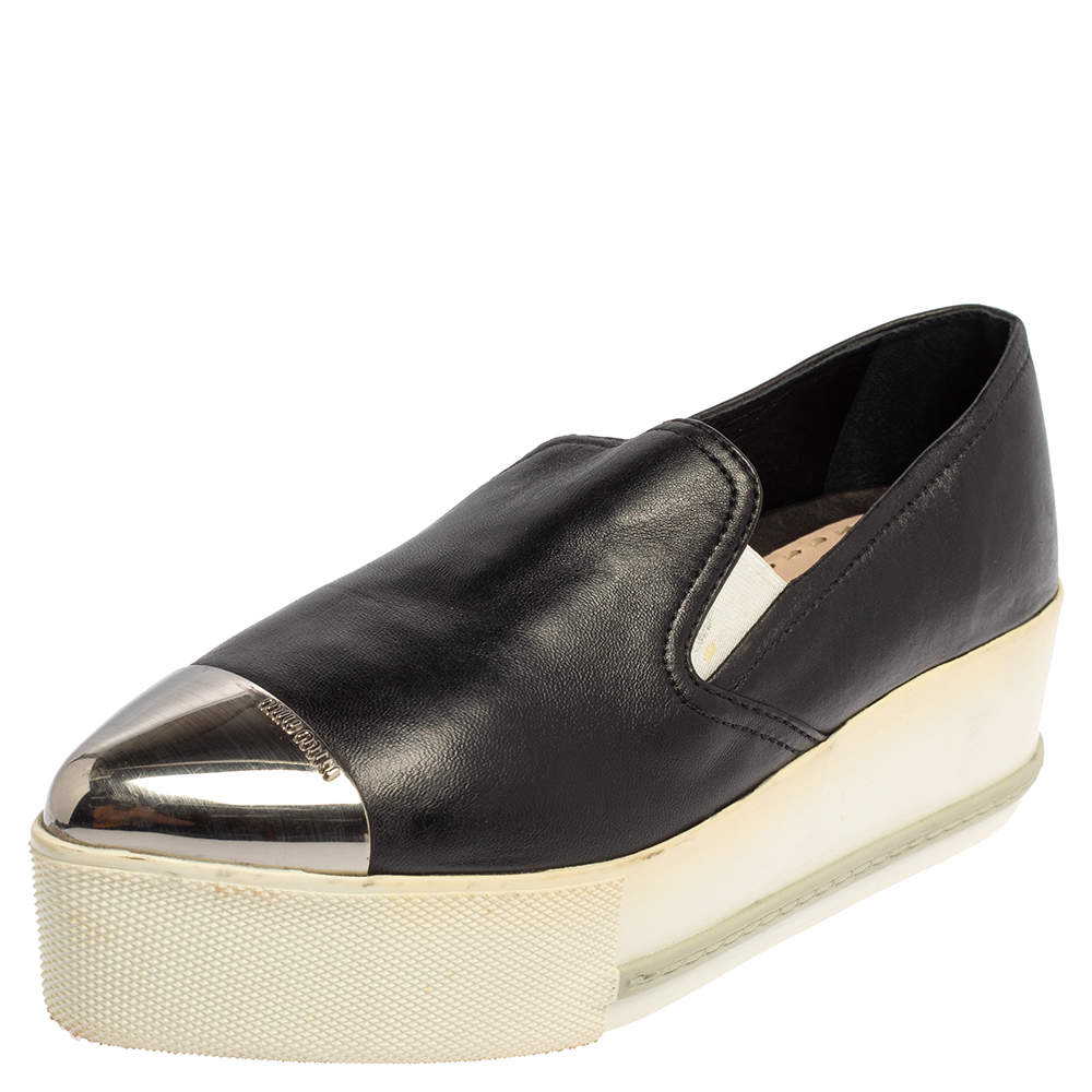 Pre Owned Miu Miu Black Leather Metal Cap Toe Slip On Sneakers Size 37