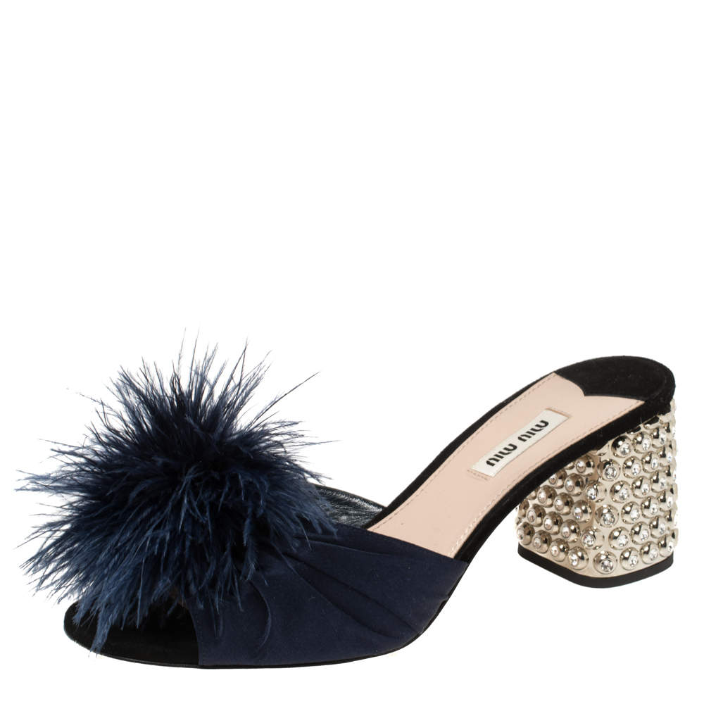 Miu Miu Blue Satin Feather and Crystal Embellished Heel Mules Size 39