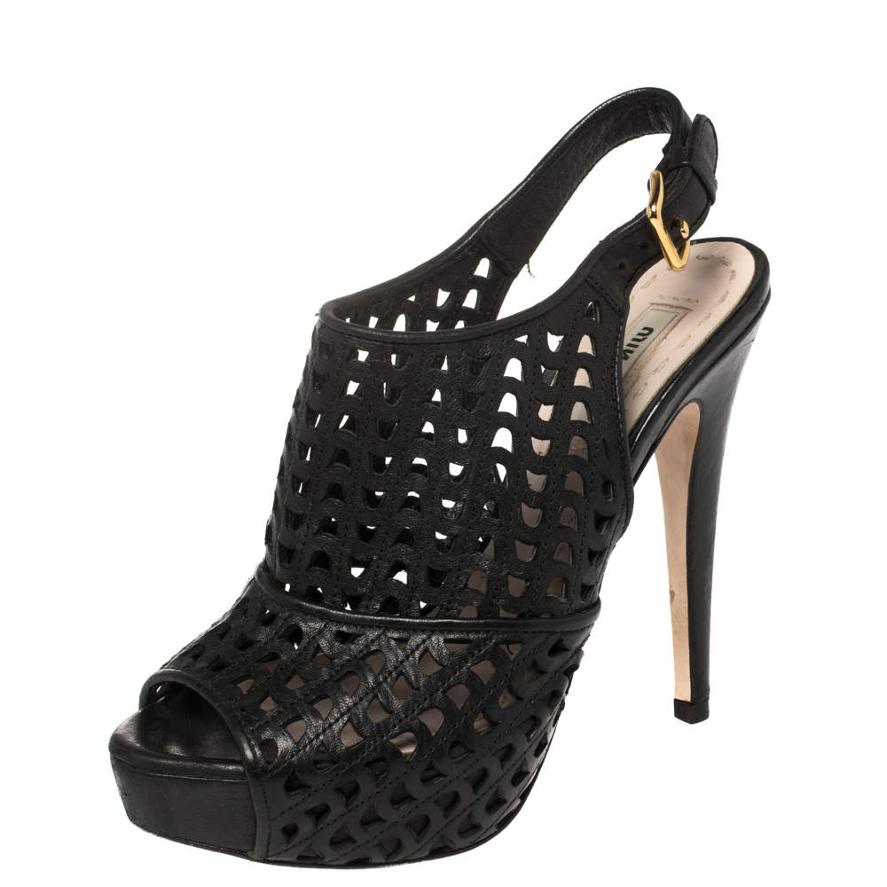 Pre Owned Miu Miu Black Leather Laser Cut Peep Toe Slingback Sandals Size 35