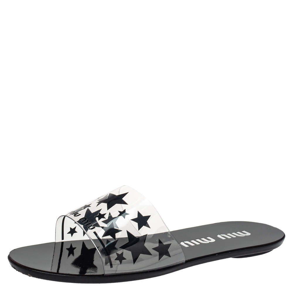 Miu Miu Black/White Star Print PVC Slide Sandals Size 39