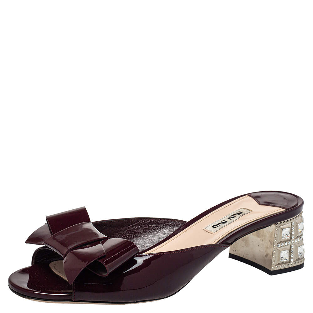 Miu Miu Burgundy Patent Leather Bow Slide Sandals Size 38