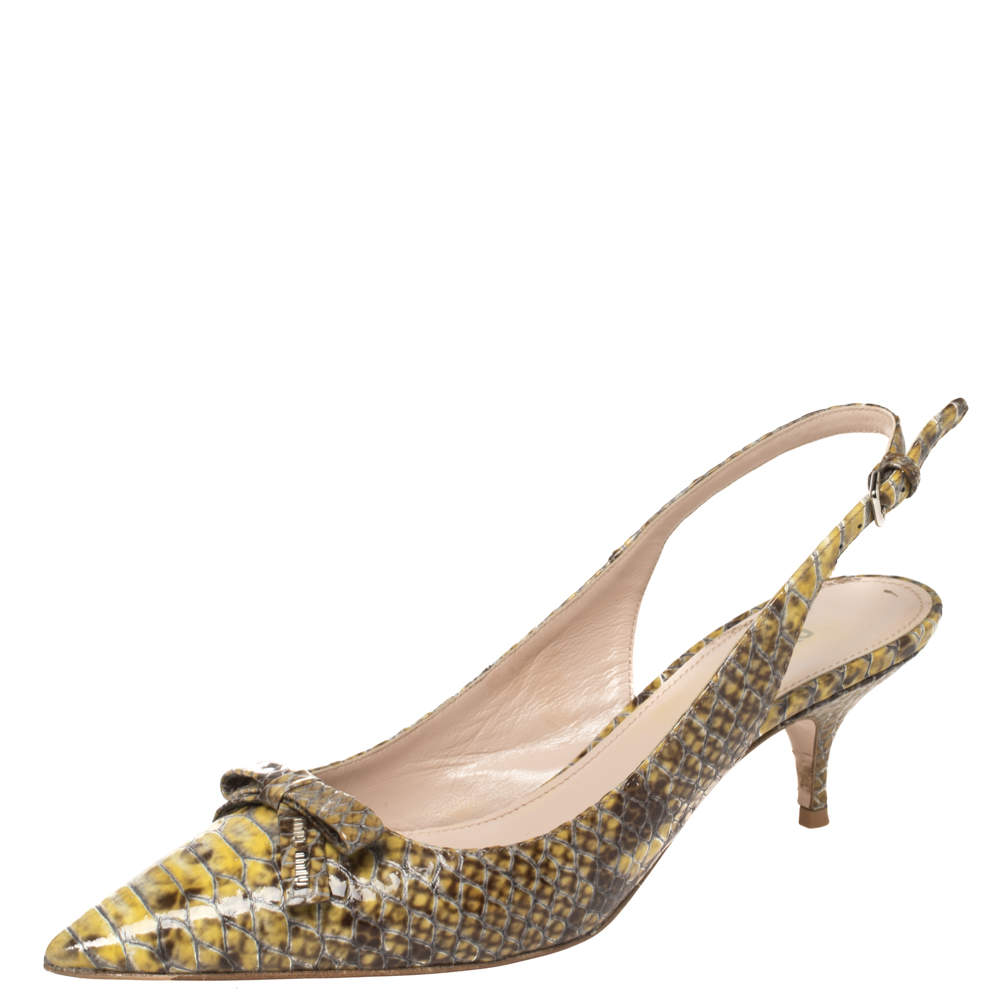 Miu Miu Green/Yellow Snakeskin Embossed Patent Bow Pointed Toe Slingback Sandals Size 38