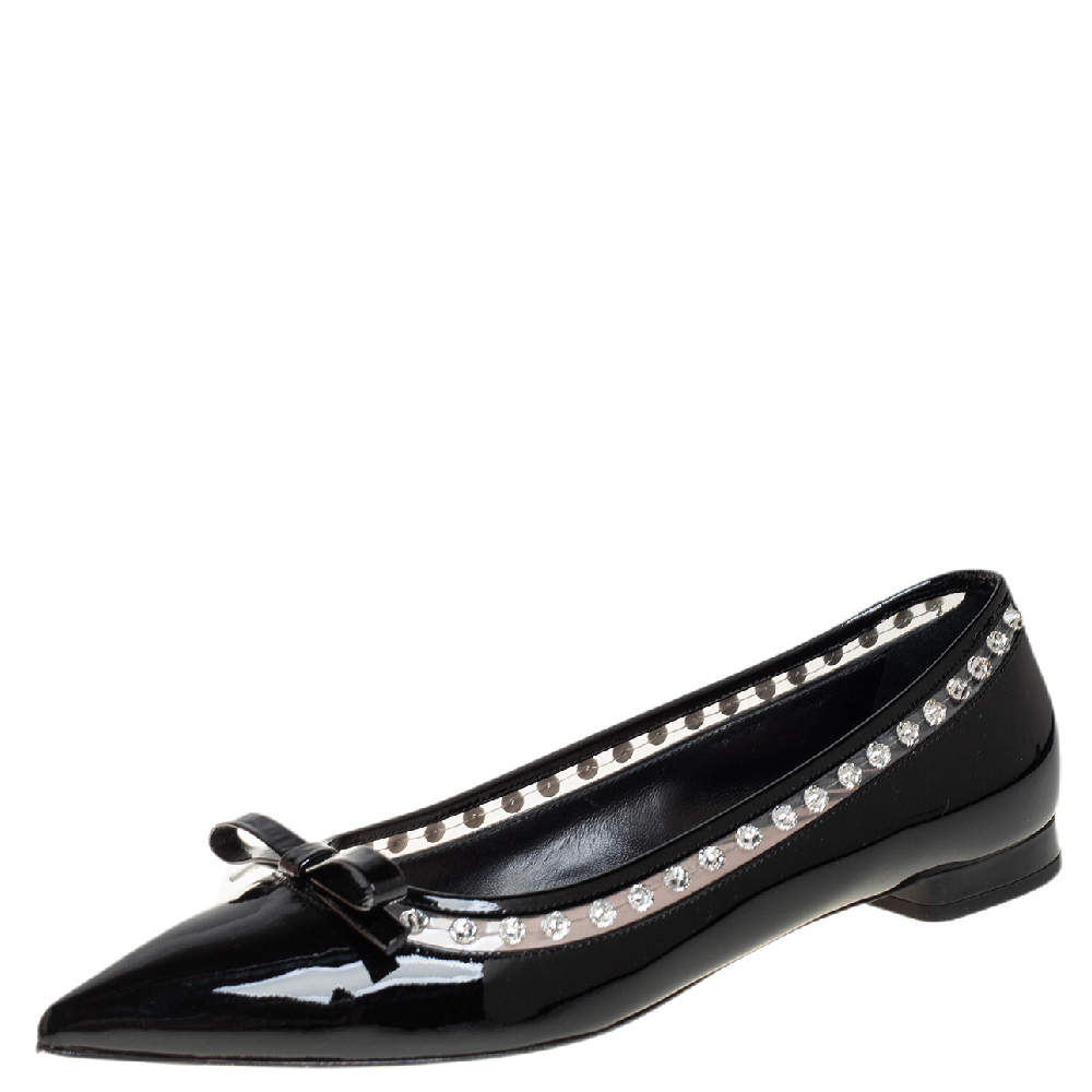Pre Owned Miu Miu Black Patent Leather Crystal Embellished Pointed Toe Ballet Flats Size 36.5