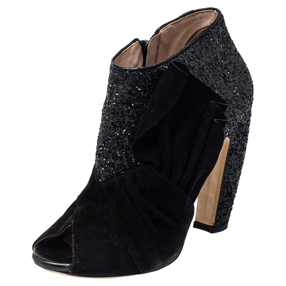 Pre Owned Miu Miu Black Suede And Glitter Peep Toe Booties Size 38.5