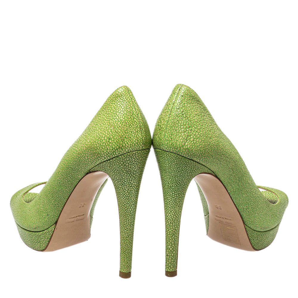Pre Owned Miu Miu Green Leather Peep Toe Pumps Size 38