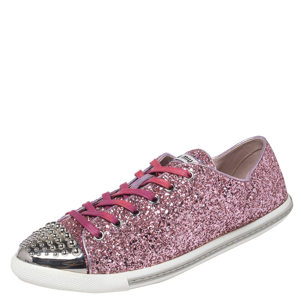 Pre Owned Miu Miu Pink Glitter Low Top Sneakers Size 39