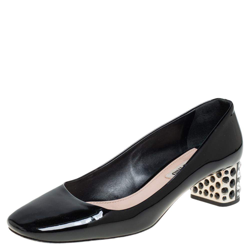 Pre Owned Miu Miu Black Patent Leather Crystal Embellished Block Heel Pumps Size 38.5