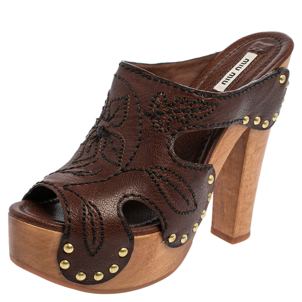 Pre Owned Miu Miu Brown Leather Mules Block Heel Sandals Size 39