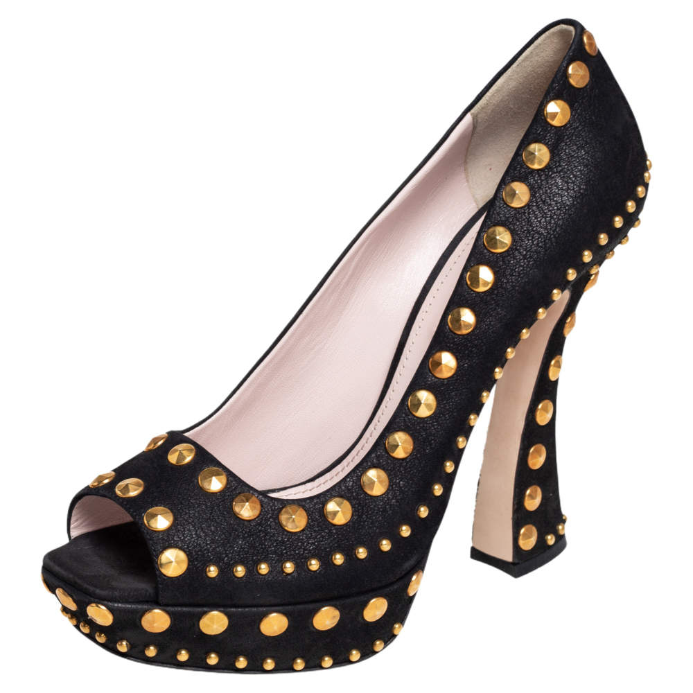 Pre Owned Miu Miu Black Nubuck Leather Studded Peep Toe Pumps Size 41