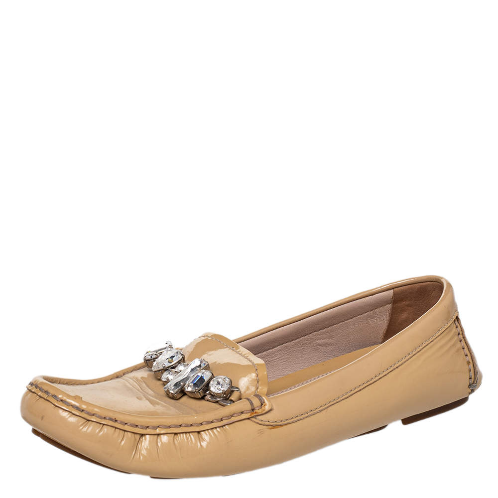 Pre Owned Miu Miu Beige Patent Leather Crystal Embellished Loafers Size 37