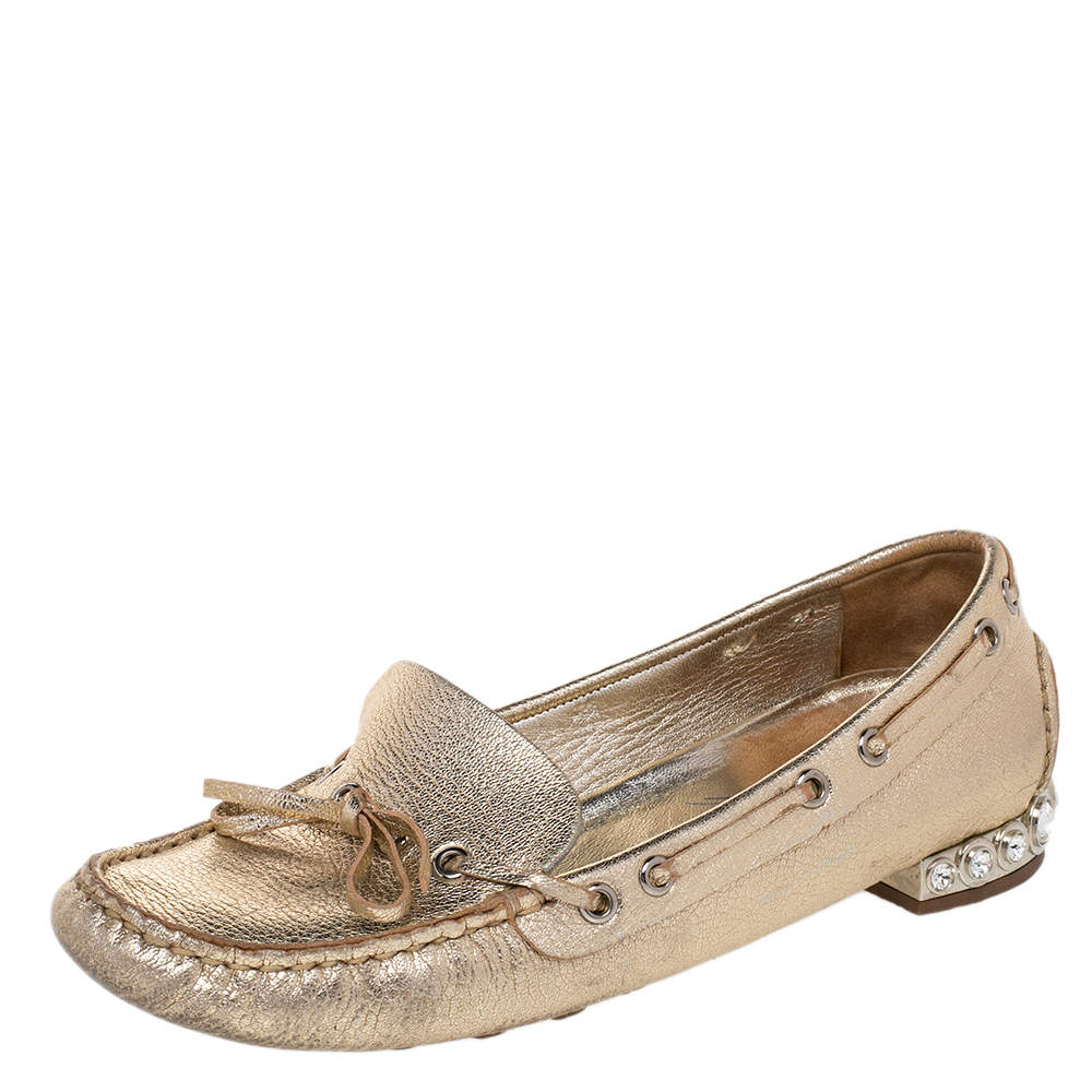 Miu Miu Metallic Gold Crystal Embellished Slip on Loafers Size 36.5