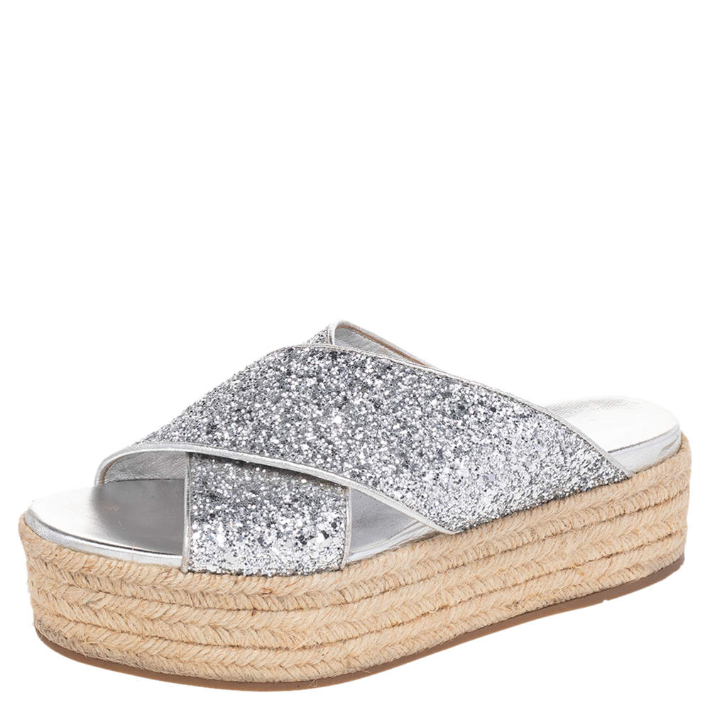 Pre Owned Miu Miu Silver Glitter Fabric And Foil Leather Platform Espadrille Sandals Size 39