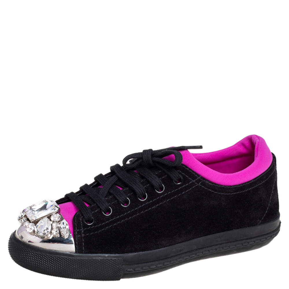 Pre Owned Miu Miu Black/Magenta Suede and Neoprene Crystal Embellished Low Top Sneakers Size 37