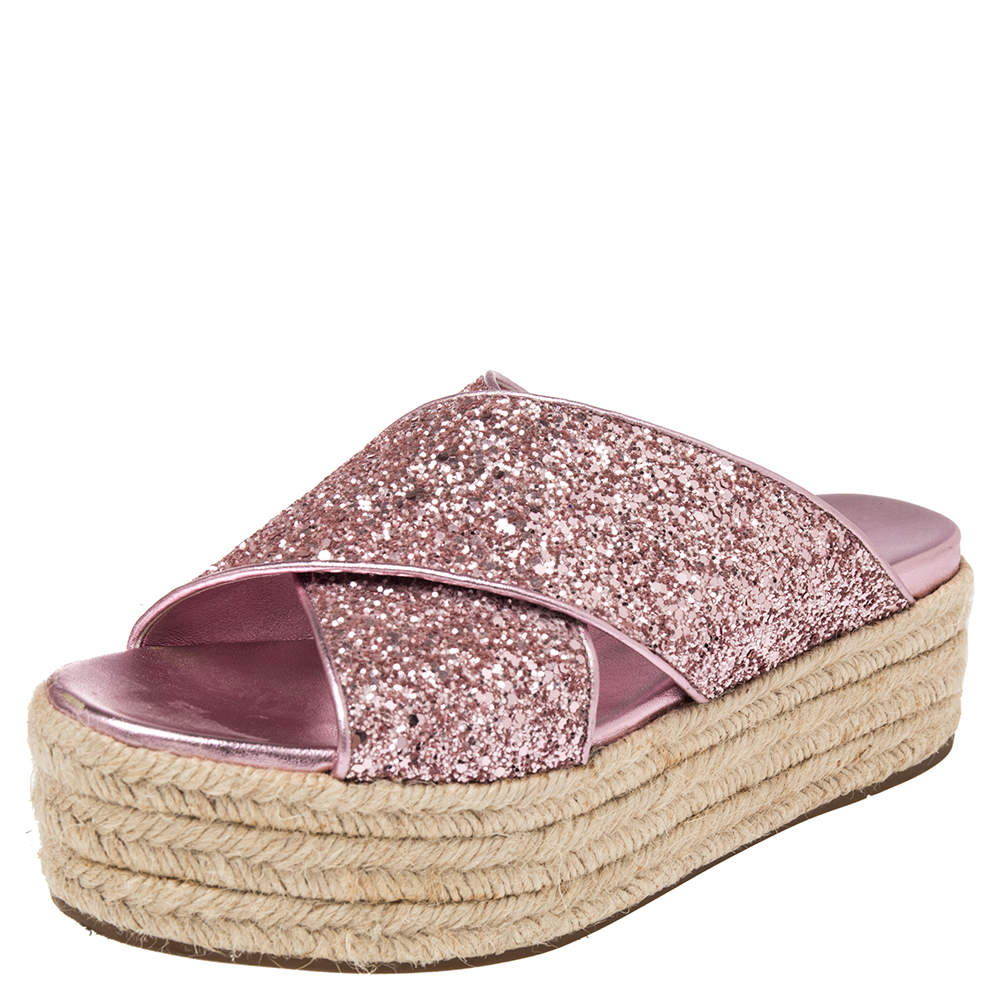 Pre Owned Miu Miu Pink Glitter Cross Strap Platform Espadrille Sandals Size 37.5