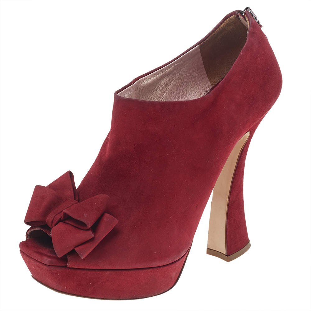 Miu Miu Red Suede Peep Toe Bow Platform Ankle Length Boots Size 40.5