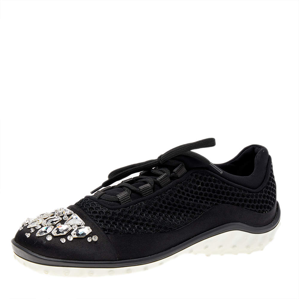 Pre Owned Miu Miu Black Satin And Mesh Crystal Embellished Low Top Sneakers Size 39