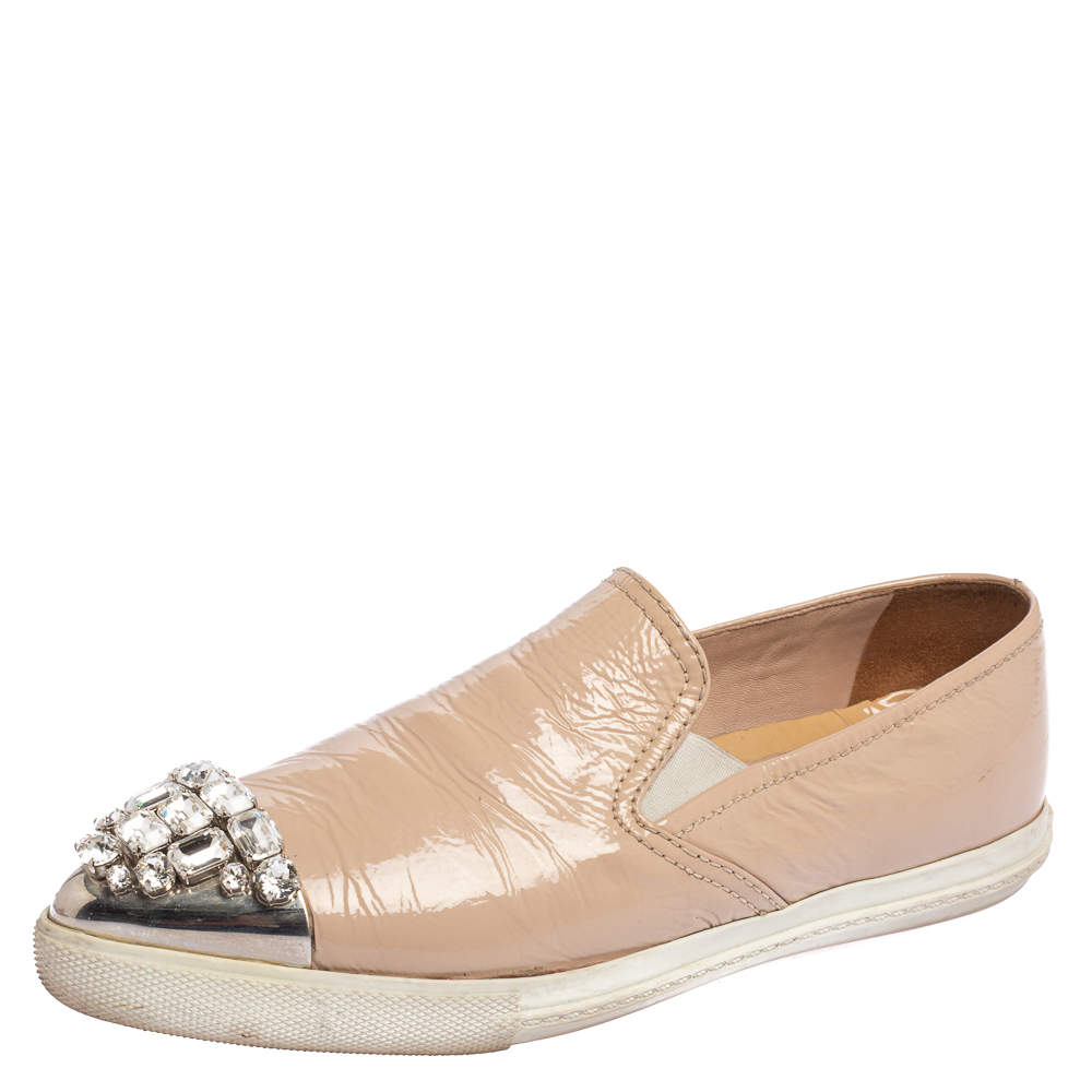 Pre Owned Miu Miu Beige Patent Leather Crystal Embellished Cap Toe Slip On Sneakers Size 38