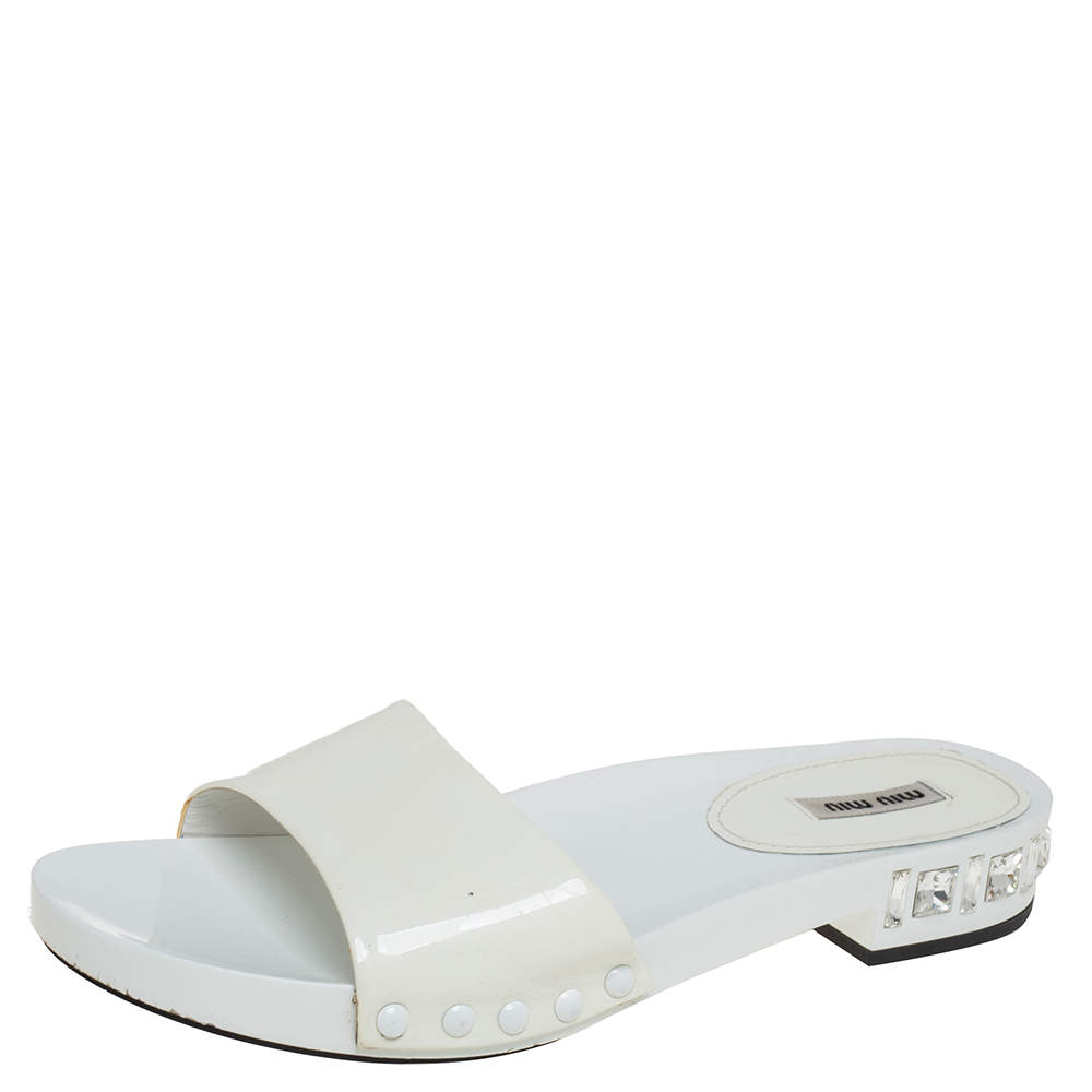 Pre Owned Miu Miu White Patent Leather Crystal Embellished Slide Flats Size 40