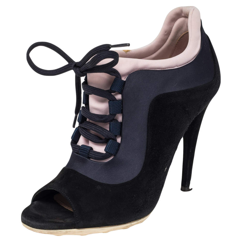 Pre Owned Miu Miu Black  Suede Peep Toe Booties Size 36.5