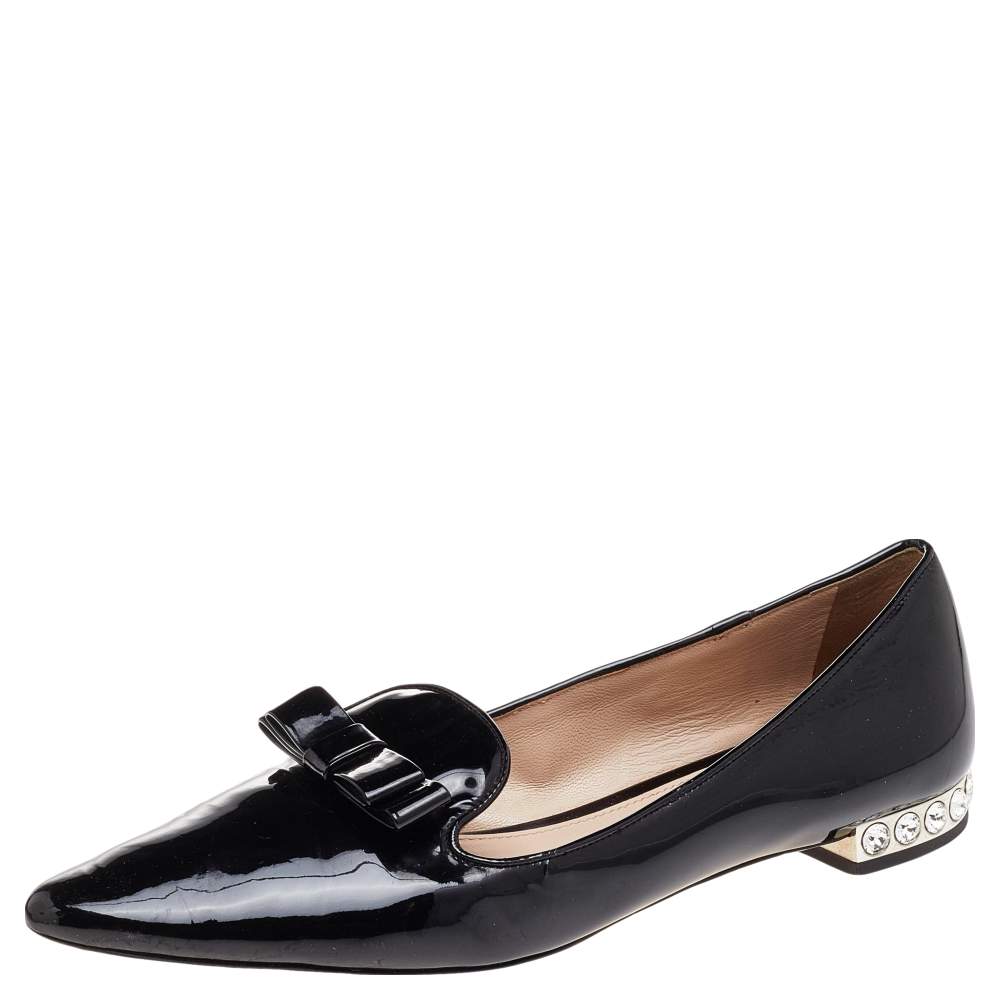 Pre Owned Miu Miu Black Patent Leather Bow Crystal Embellished Smoking Slippers Size 38.5
