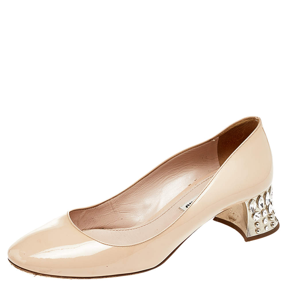 Miu Miu Beige Patent Leather Crystal Embellished Block Heel Pumps Size 37