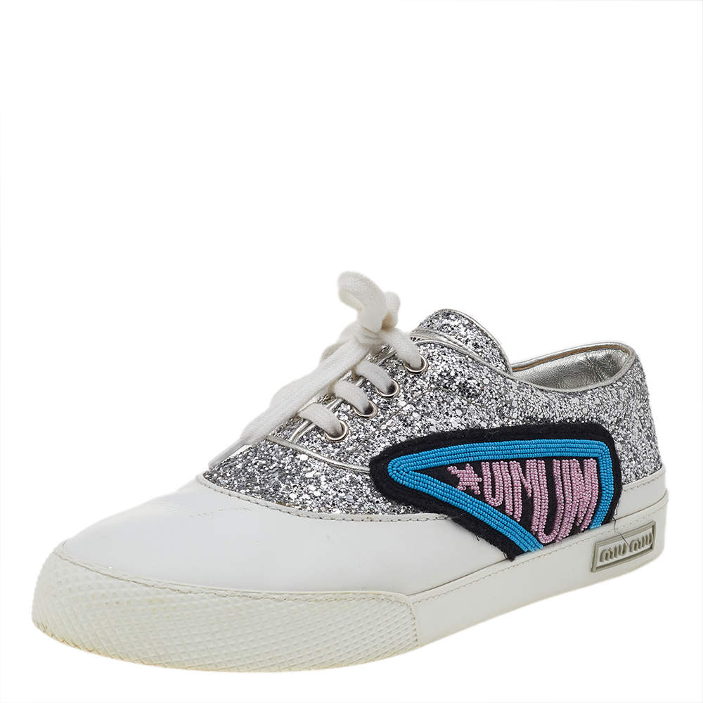 Pre Owned Miu Miu Silver/White Leather And Glitter Patch Slip on Sneakers Size 39.5