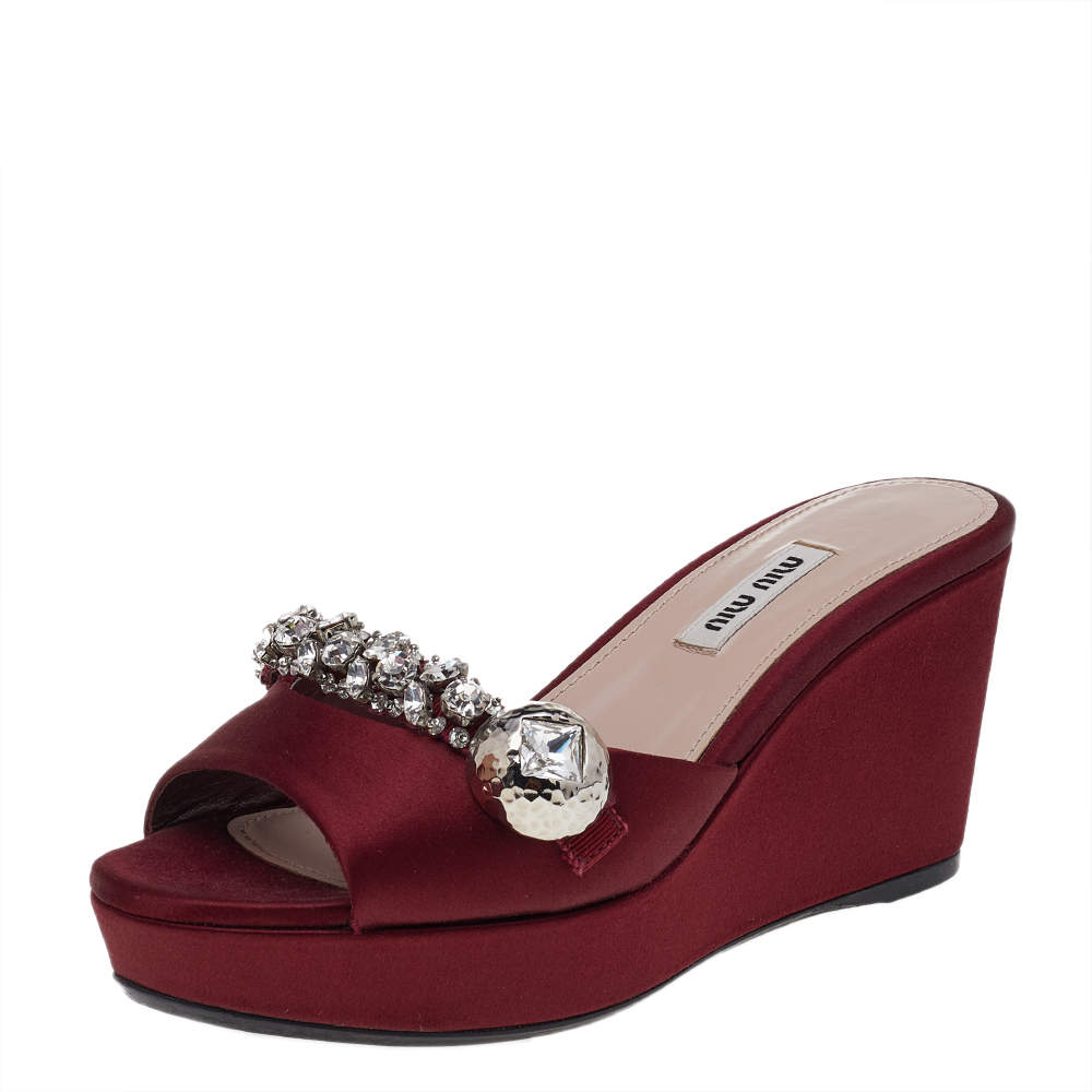 Pre Owned Miu Miu Burgundy Satin Crystal Embellished Wedge Platform Slide Sandals Size 36