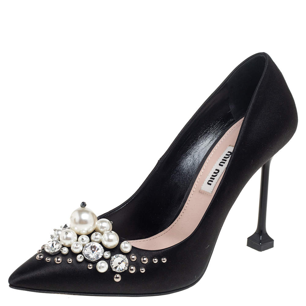 Pre Owned Miu Miu Black Satin Crystal and Pearl Embellished Pointed Toe Pumps Size 36