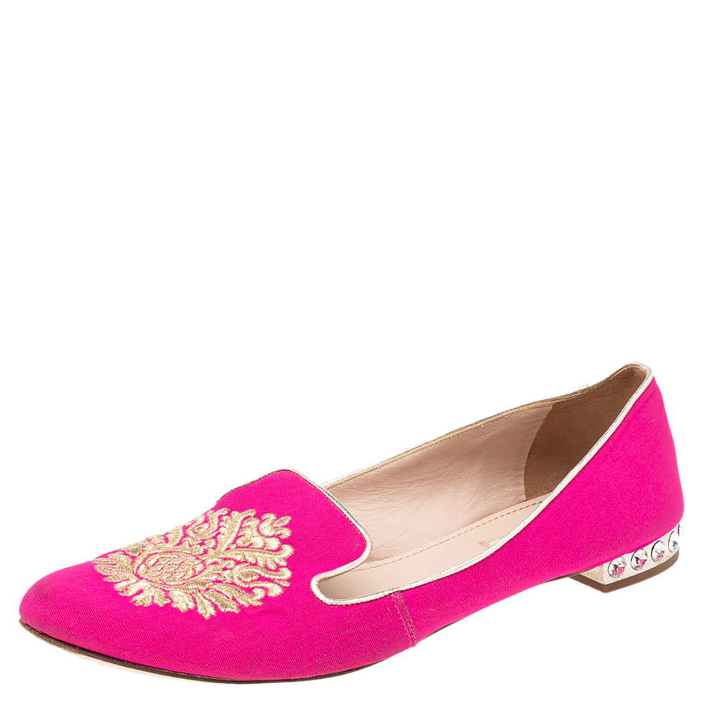 مملوكة مسبقًا Miu Miu Pink Fabric Crystal Embellished Heel Ballet Flats Size 41
