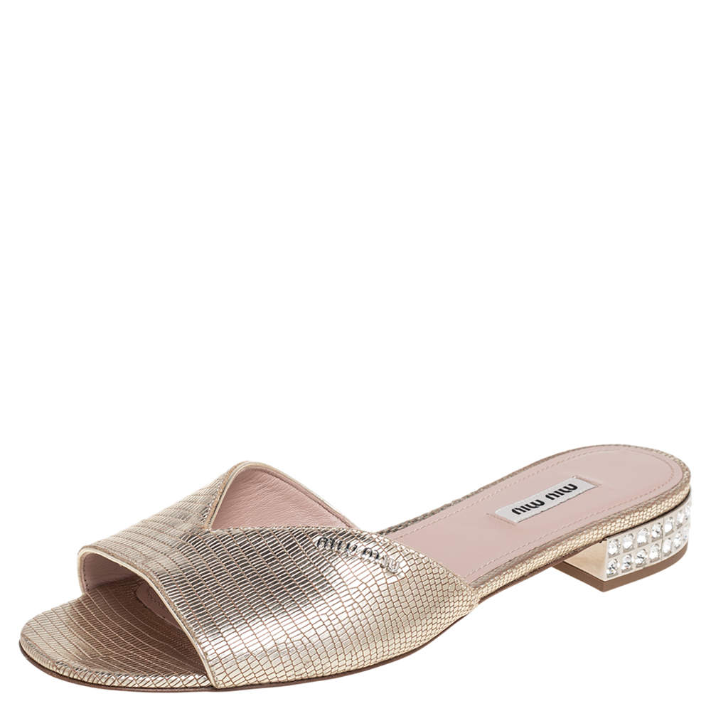 Pre Owned Miu Miu Gold Lizard Embossed Leather Slide Sandals Size 39.5