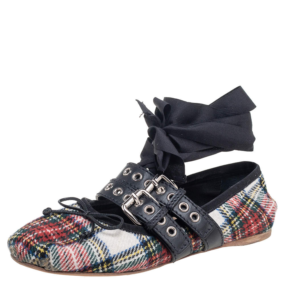 مملوكة مسبقًا Miu Miu Multiolor Fabric Double Buckle Naplak Ballet Flats Size 38