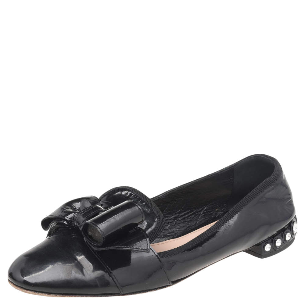 Miu Miu Black Patent Leather Bow Crystal Embellished Smoking Slippers Size 39 