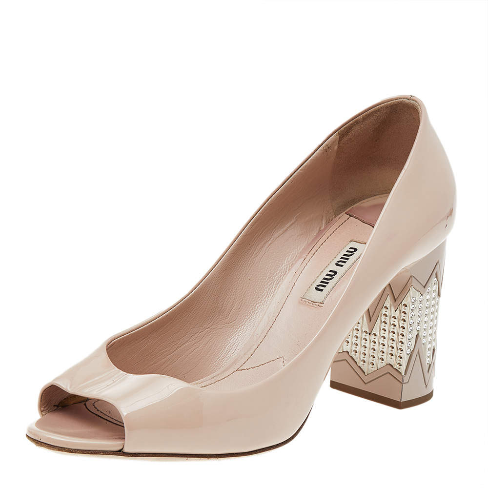 Miu Miu Beige Patent Leather Embellished Block Heel Pumps Size 38