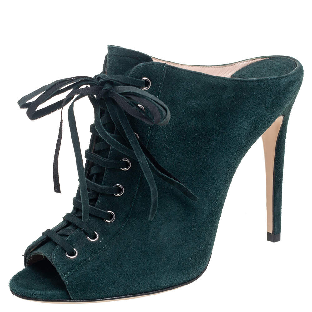 Miu Miu Green Suede Peep Toe Lace Up Mules Size 37.5