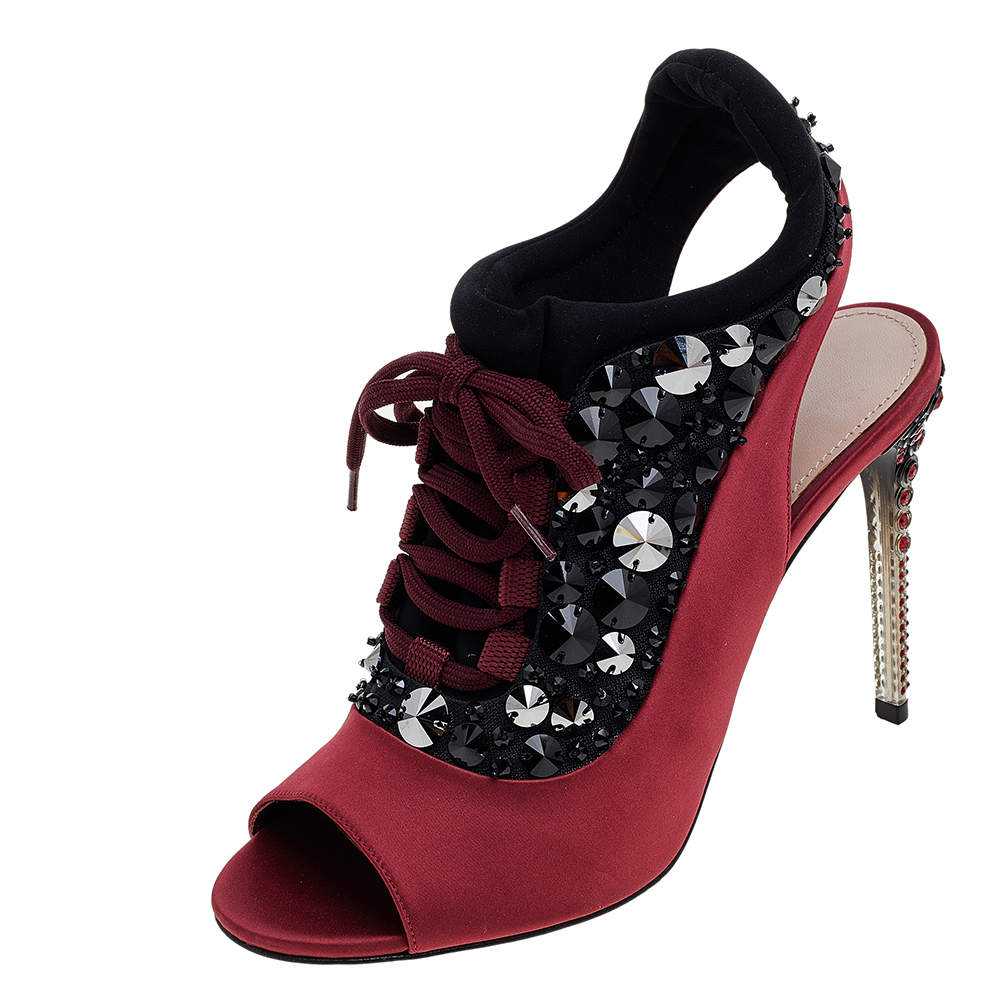 Miu Miu Red-Black Satin And Fabric Crystal Embellished Ankle Sandals Size 38