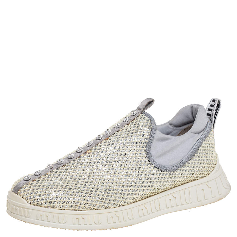 Miu Miu Cream/Grey Fabric And Glitter Embellished Low Top Sneakers Size 37.5