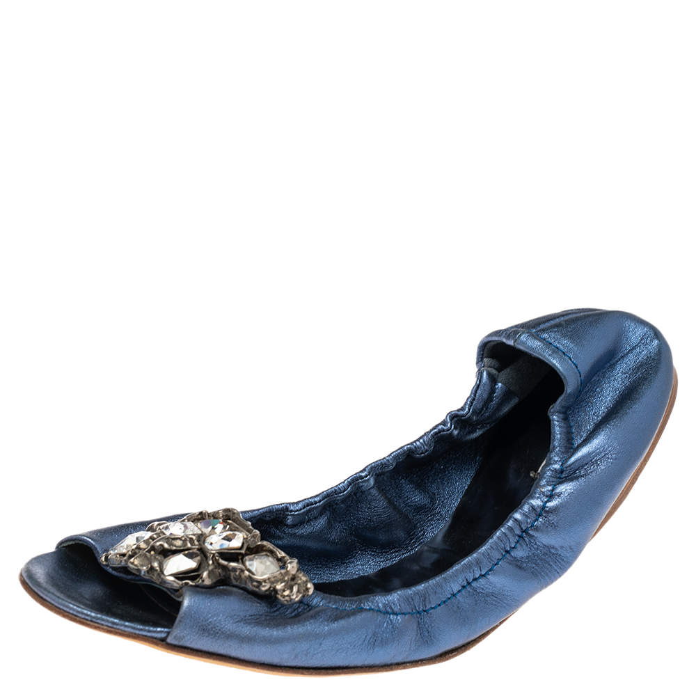 Pre Owned Miu Miu Blue Leather Crystal Embellished Open Toe Scrunch Ballet Flats Size 41