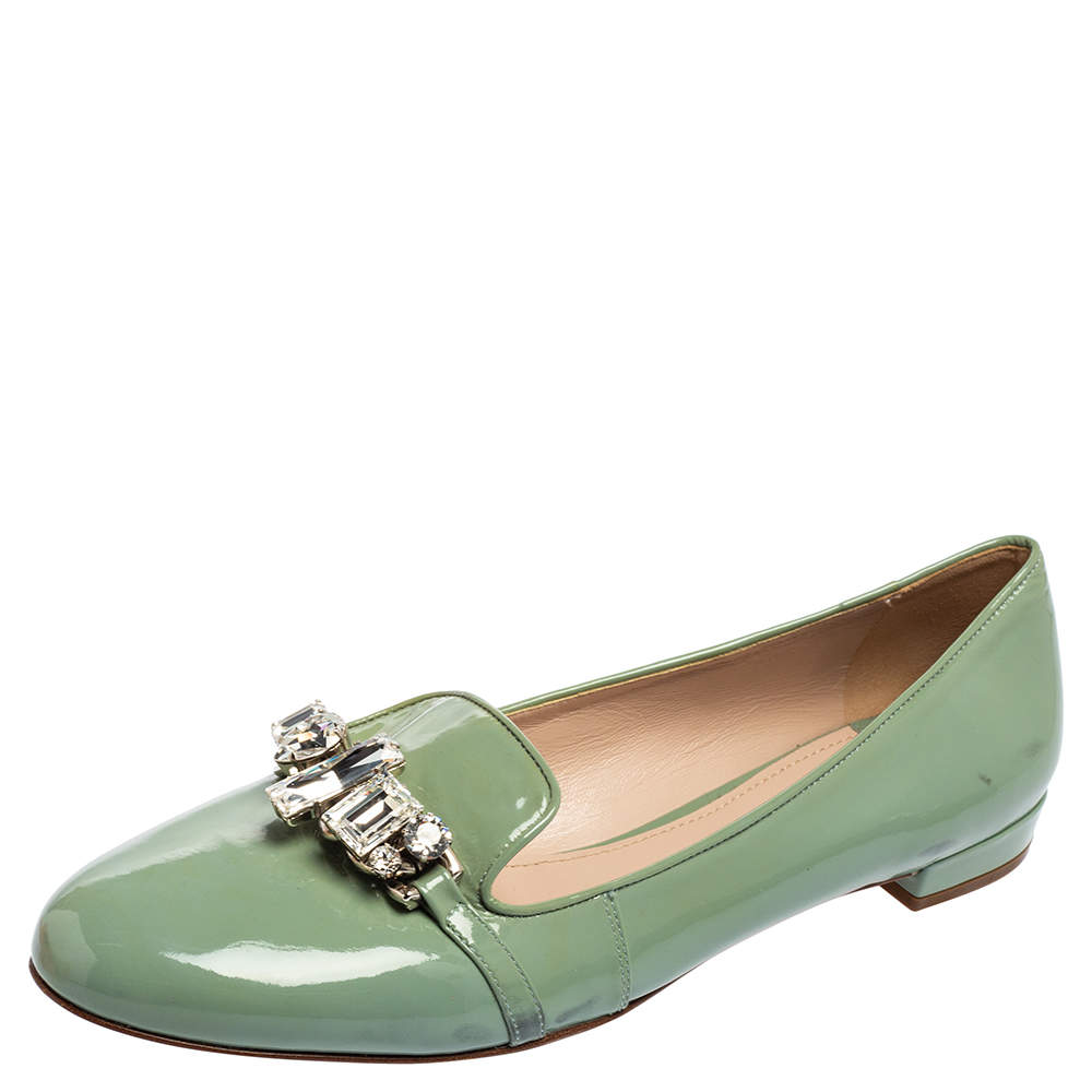 مملوكة مسبقًا Miu Miu Green  Patent Leather Crystal Embellished Bow Ballet Flats Size 41