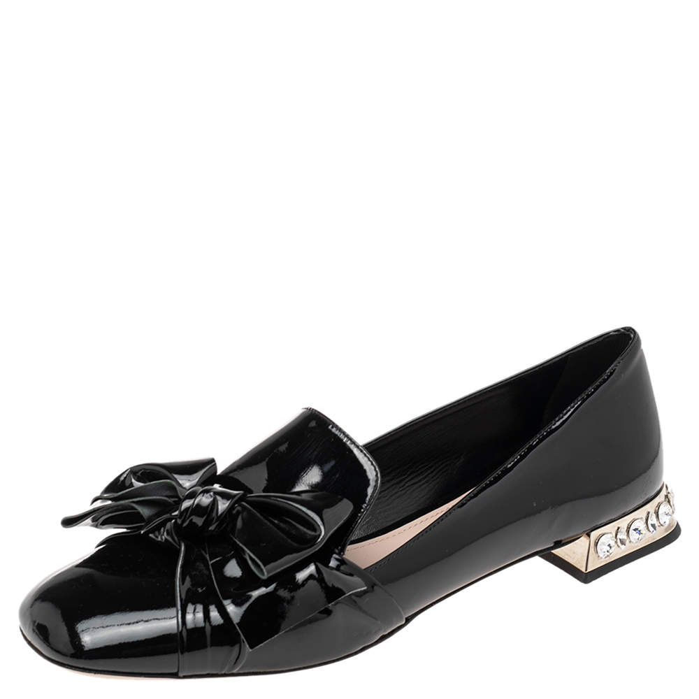 Pre Owned Miu Miu Black Patent Leather Crystal Embellished Heel Bow Slip On Loafers Size 41