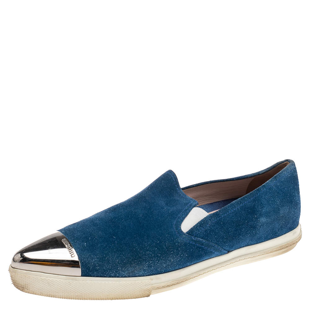 Pre Owned Miu Miu Blue Suede Metal Cap Toe Ballet Flats Size 41