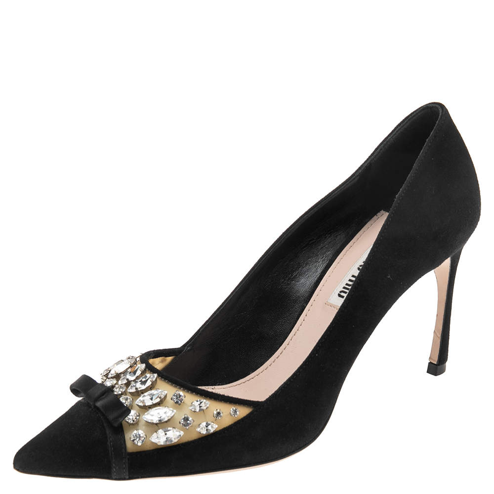 مملوكة مسبقًا Miu Miu Black Suede Crystal Embellished Pointed Toe Pumps Size 37