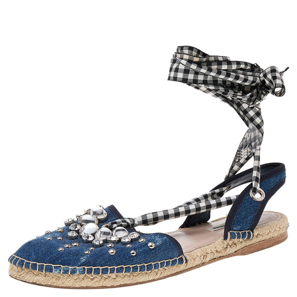 Pre Owned حذاء فلات إسبادريل دنيم أزرق مزخرف كريستال مقاس 39.5