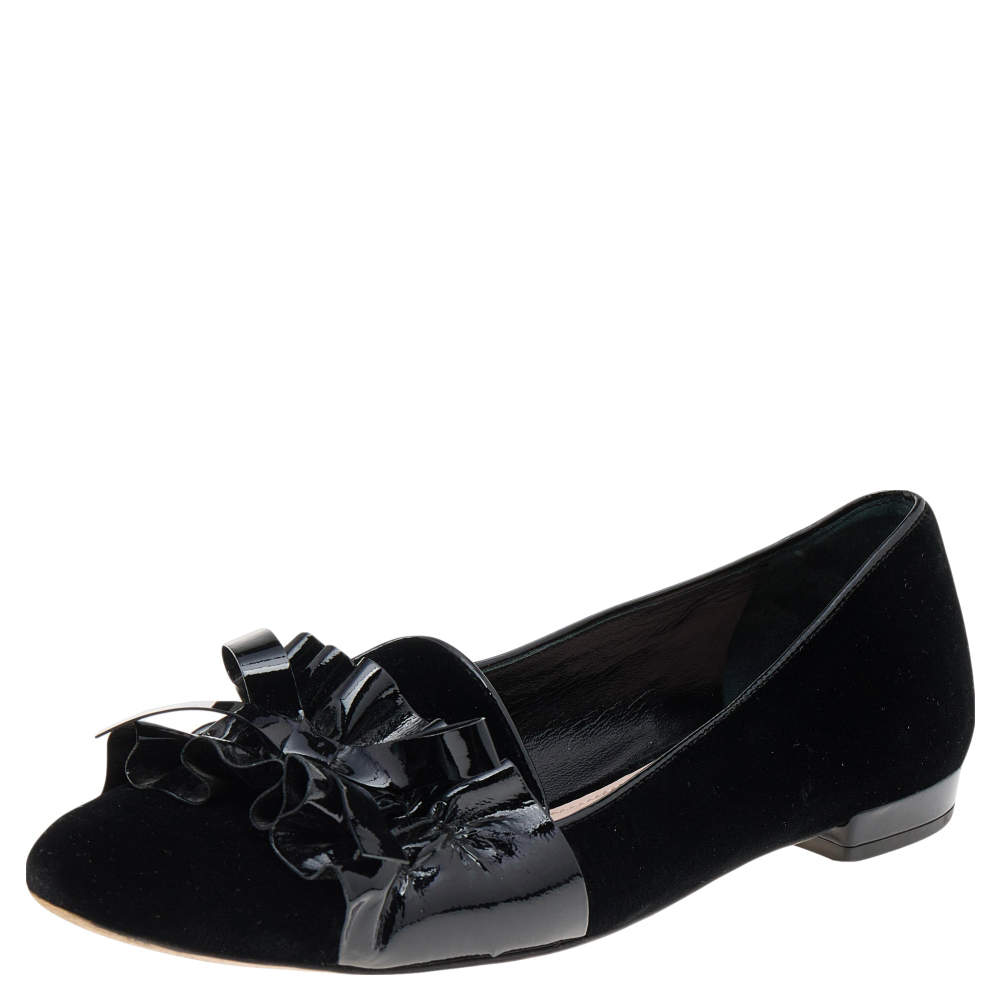 Miu Miu Black Velvet and Patent Leather Ballet Flats Size 35.5
